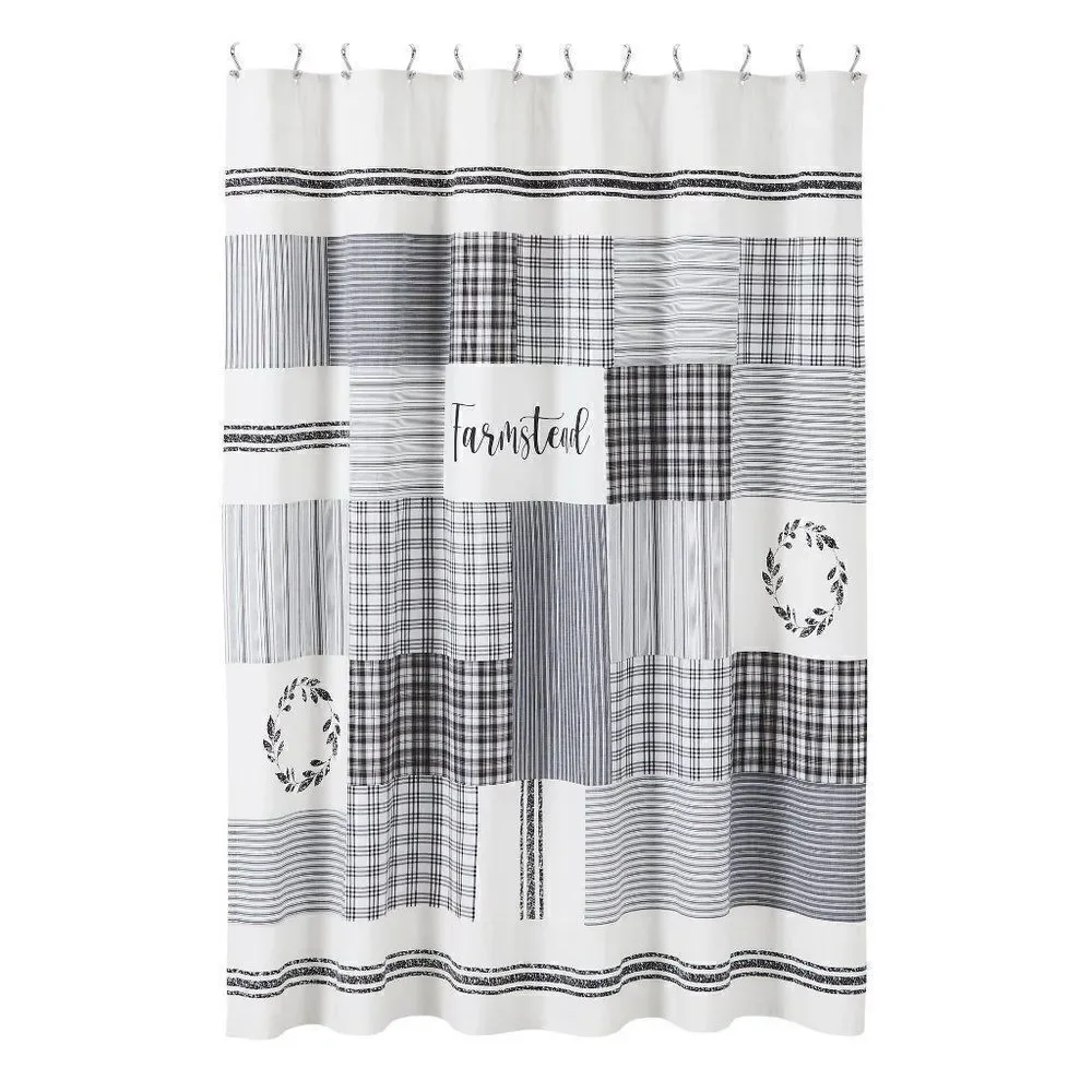 NEW! Farmhouse Black White Stenciled Patchwork Cotton Fabric Shower Curtain